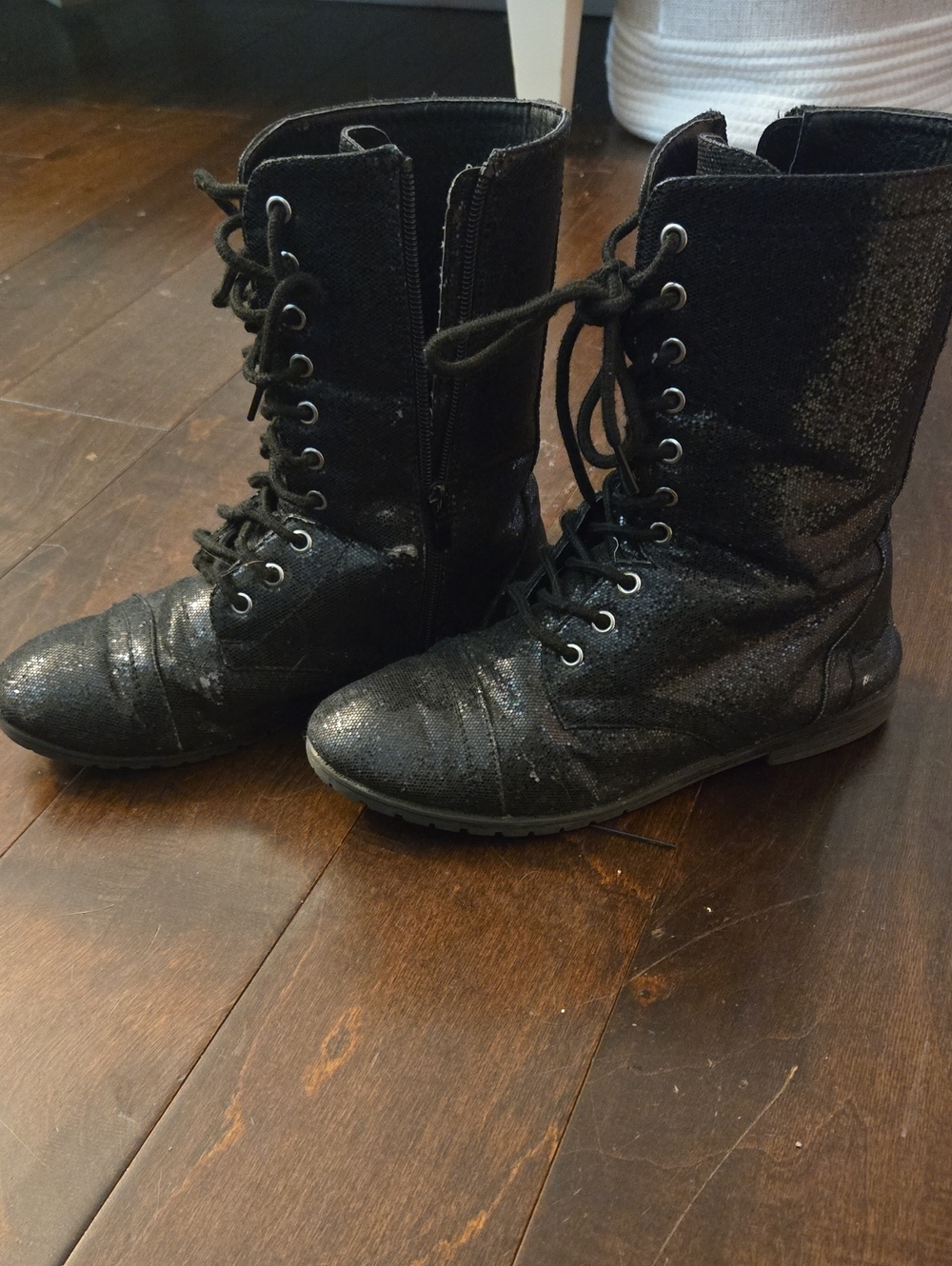 balera Black Glitter Lace-Up Boots with Side Zipper